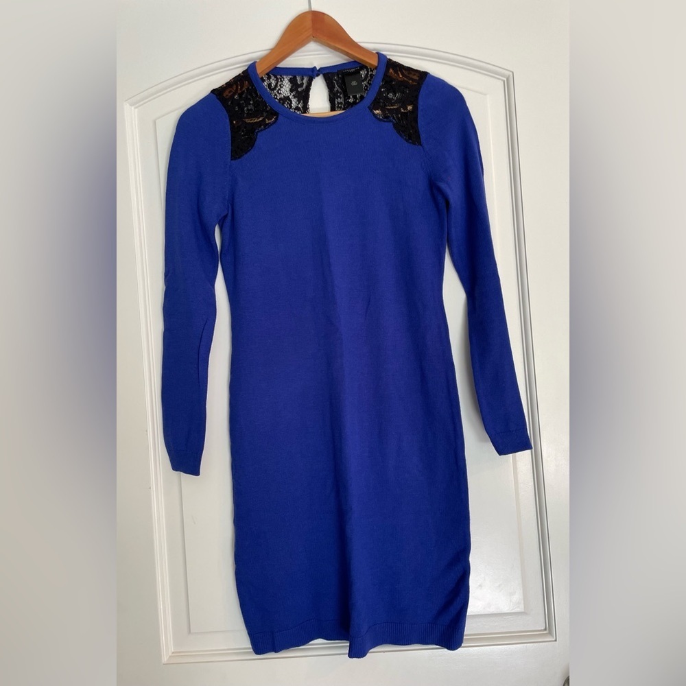 Ann Taylor Royal Blue Sweater Dress with Black Lace Shoulders